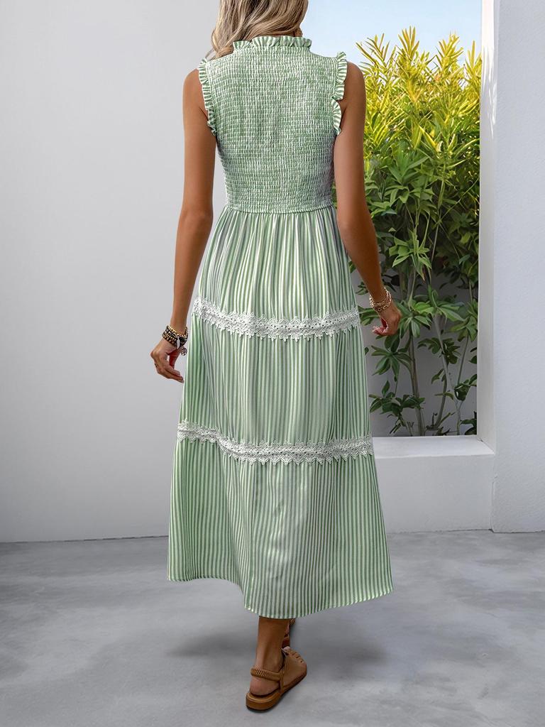 Summer 2026 Middle East High-End Lace Trim Patchwork Maxi Slip Dress with French Stripes
