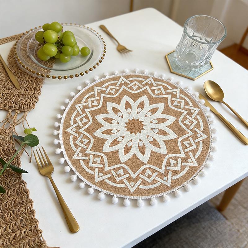 Boho Mandala Round Placemats Heat-Resistant Linen-Cotton Table Mats Washable Non-Slip Dining Decor