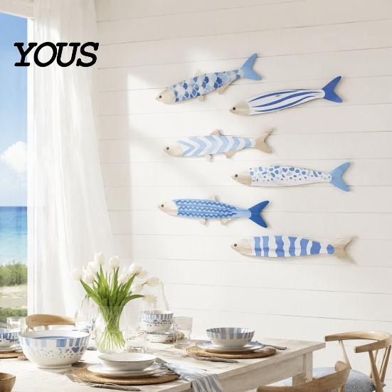 Decorative Fish Scale Wall Hangings 6Pcs/Set Wooden Decor, Beach House Decoration, Blue And White Wood Ornaments Coastal Art for Home Living