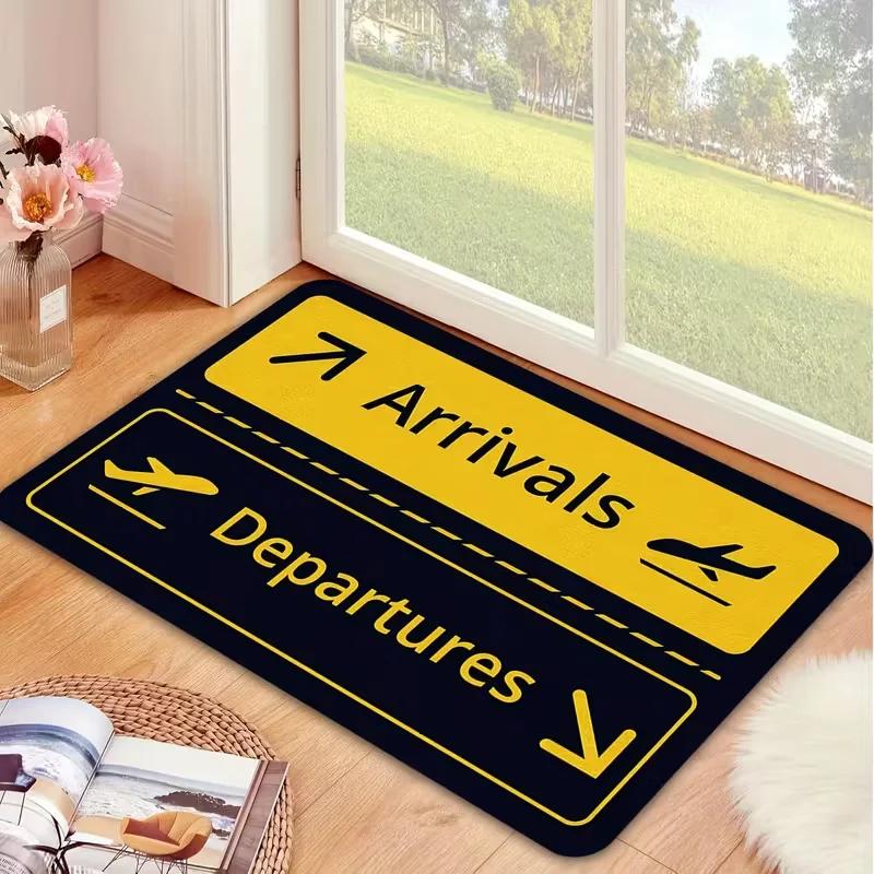 Airport Sign Doormat Funny Entrance Rug with Arrivals Departures Graphic Black Yellow Navy Blue Modern Welcome Mat Gift
