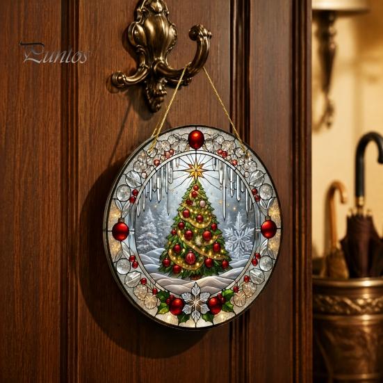Retro Christmas Tree Hanging Pendant Stained Glass Style Acrylic Window Hanging, Snow Scene Indoor Xmas Party Decorations Suncatcher, Door Home Decor