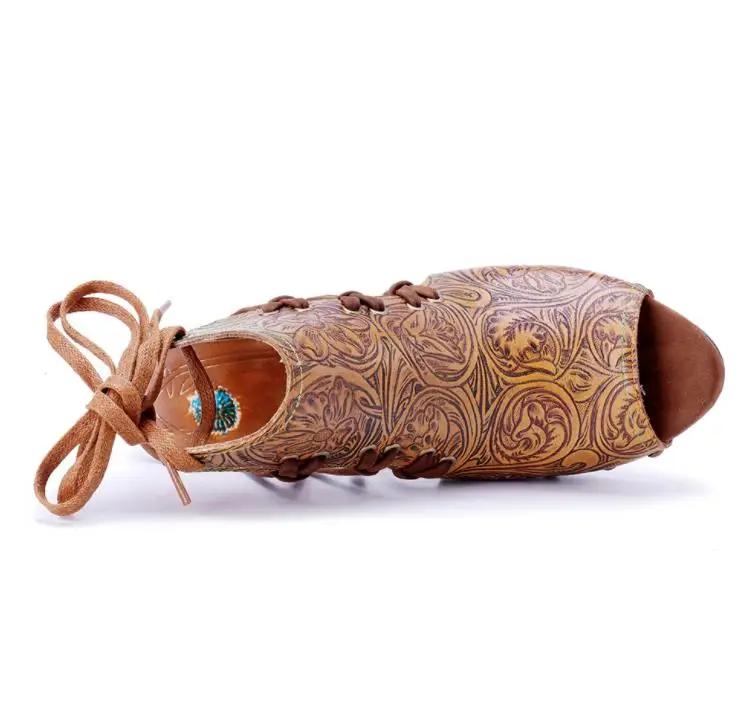 Fashion High Brand 7.7CM Sheepskin Leather Woman Ethnic Summer Chunky Heels Big Size Peep Toe Pumps Cross-tied Sandals Moccasins Shoes