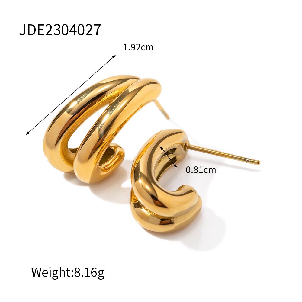 Youthway Stainless Steel Double Layer Hollow C Shape Earrings Waterproof Polished Gold Plated Chic Stylish Ear Jewelry