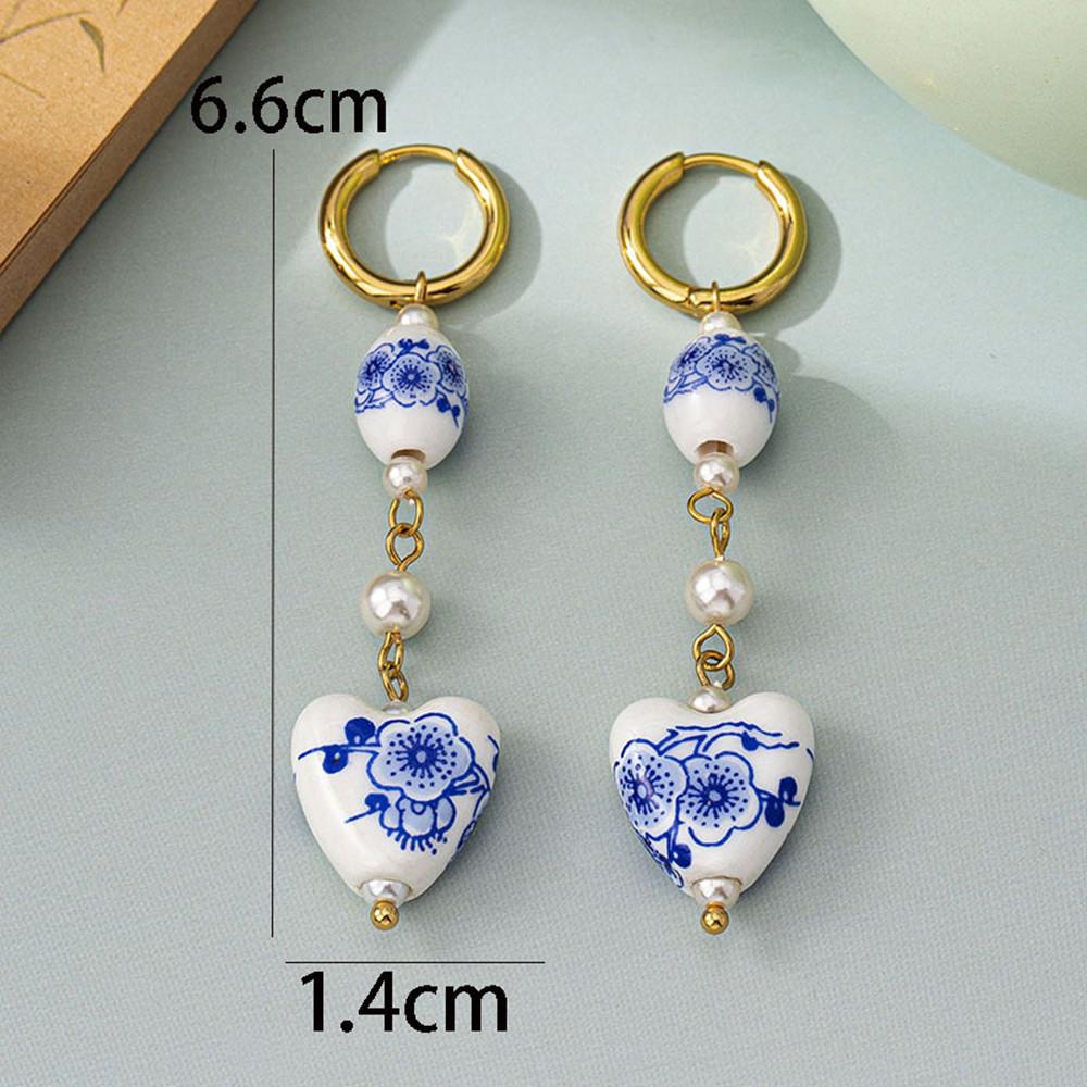 Retro Neue Chinesische Blau-Weiße Porzellan Keramik Anhänger Runde Ohrringe Damen Mode Elegantes Schmuckzubehör