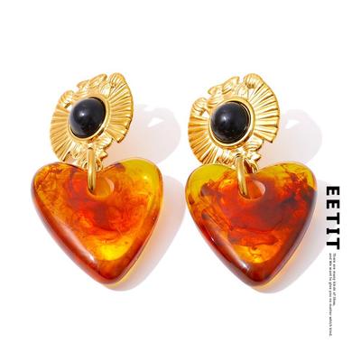 Fashion Amber Resin Acrylic Flower Heart Drop Earrings 2025 Women Stainless Steel Trendy Golden PVD Waterproof Jewelry