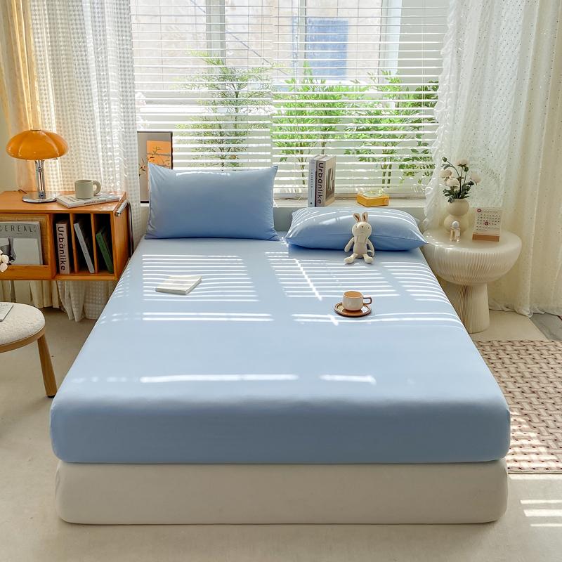 Simple Solid Color Blue Fitted Sheet Set 3Pcs Japanese Style Mattress Cover Skin-friendly Breathable Queen Size Bedding Set
