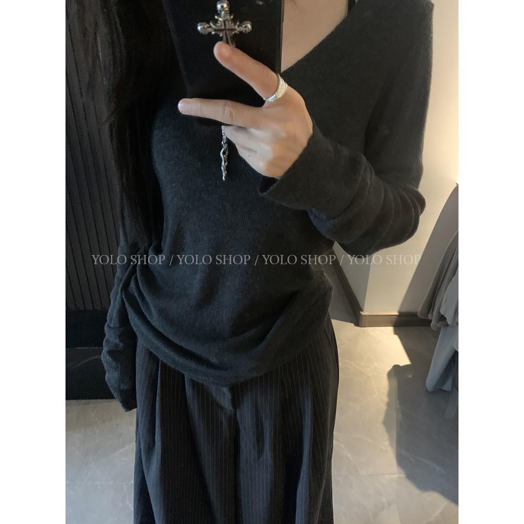 YOLO SHOP Women s V-neck Spring Slim-fit Wool Knit Top One Size серый/чёрный
