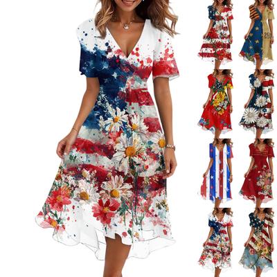 Vestido casual feminino fashion com decote V, manga curta, estampado para o Dia da Independência