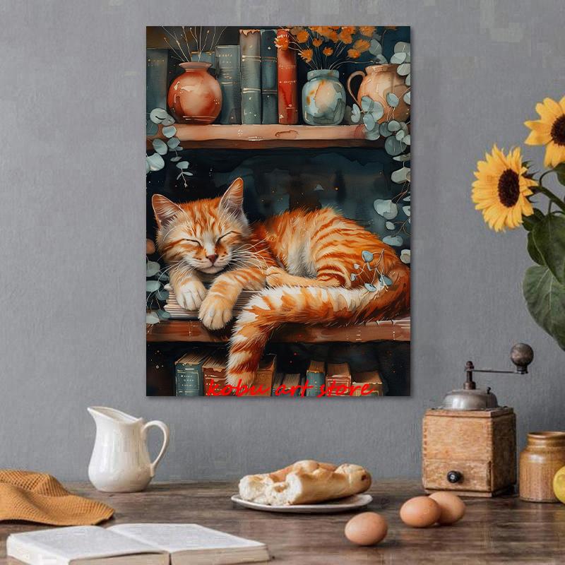 Vintage Sleeping Cat Antique Posters Canvas Printing Stack Books Lazy Cat Bookish Wall Art Picture for Library Home Room Decor