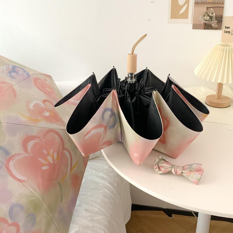 Automatic Digital Print Umbrella with UV Protection - Japanese and Korean Style Women's Sunshade, Three To Five-Fold.