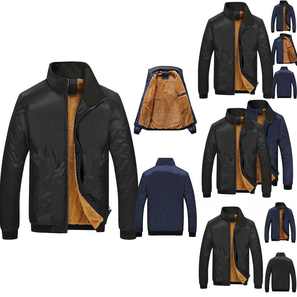 Men's Faux Fleece Fur Lined Hoodie Zip Up Coat Jacket With Warm Stand Collar