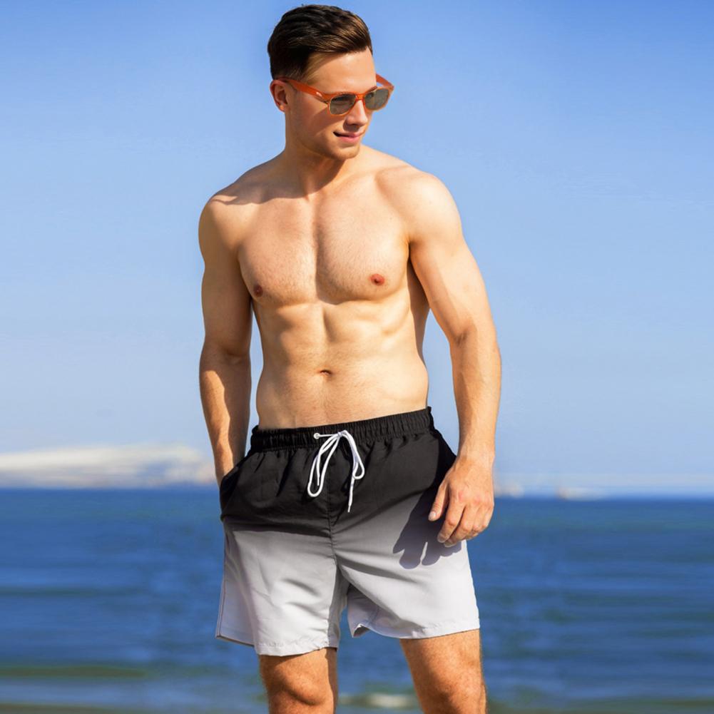 Men Beach Shorts Gradient Contrast Color Drawstring Elastic Waist Casual Daily Wear Pockets Thin Knee Length Summer Shorts Men V