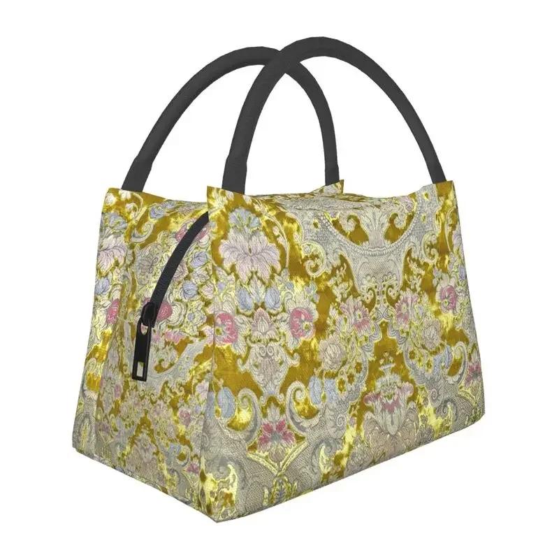 Luxury Golden Europe Floral Insulated Lunch Bag for Work Office Leakproof Thermal Cooler Lunch Box Women