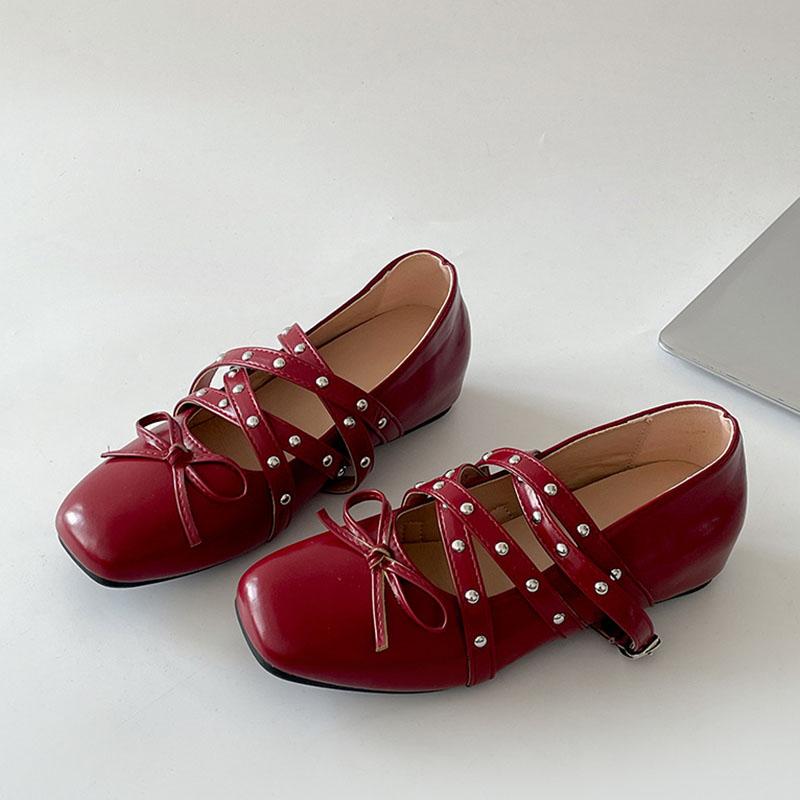 Comemore French Retro Shallow Mouth Mary Jane Shoes for Women Inner Heighten Square Head Single Shoes Cross Belt Solid Flats