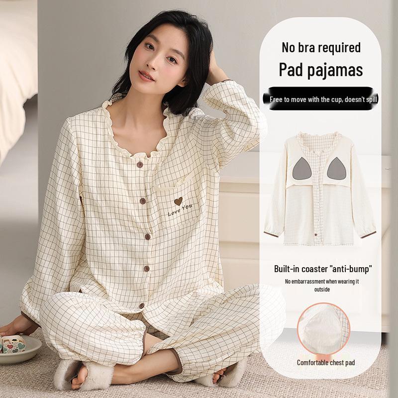 Women's Cloud Cotton Pajama Set with Chest Pads - Long Sleeve & Pants for Indoor/Outdoor Wear In Spring, Autumn, and Winter