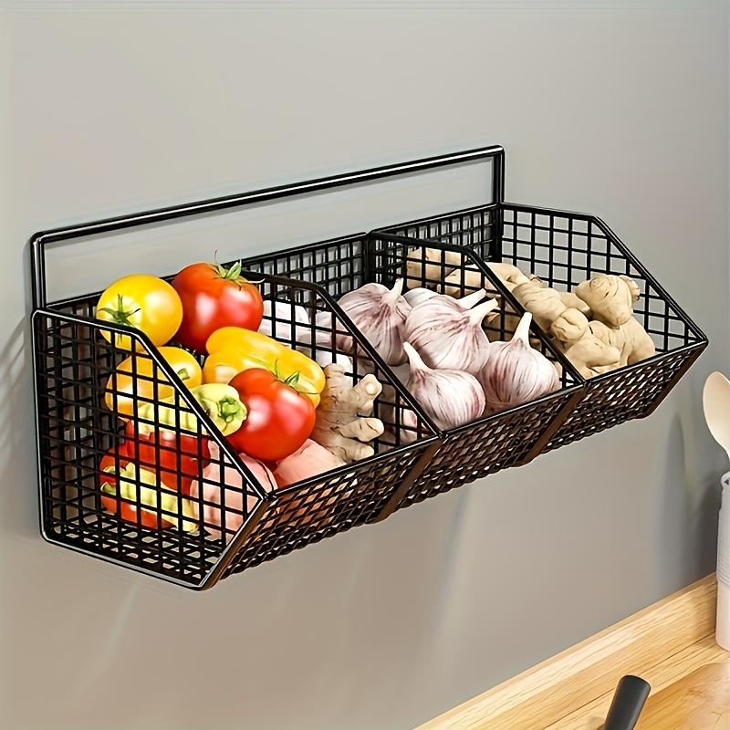 Wall-Mounted Metal Kitchen Storage Rack Durable Vegetable, Garlic, and Onion Organizer Basket - Space-Saving Design Mesh Holder
