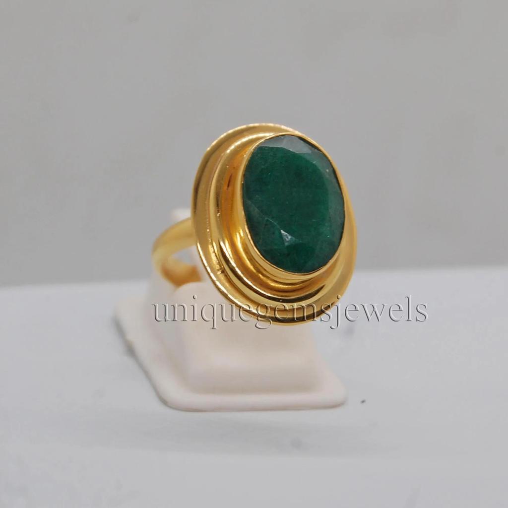 Rich Green Emerald 925 Sterling Silver Yellow Gold Fill Ring Jewelry, Handmade Artisan Gift Ring