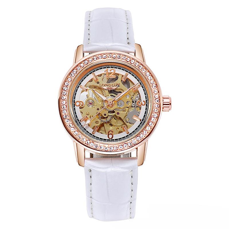 

LONGLUX полный скелетонизированный кожаный ремешок водонепроницаемые модные механические женские часы