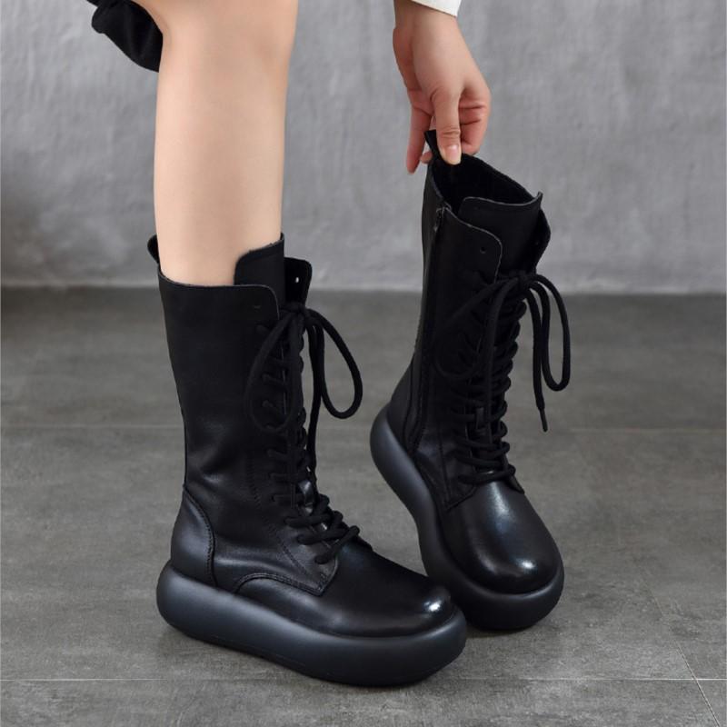 Johnature Genuine Leather Round Toe Thick Soled Mid-calf Boots Retro Lace Up Side Zipper Versatile Women's Boots