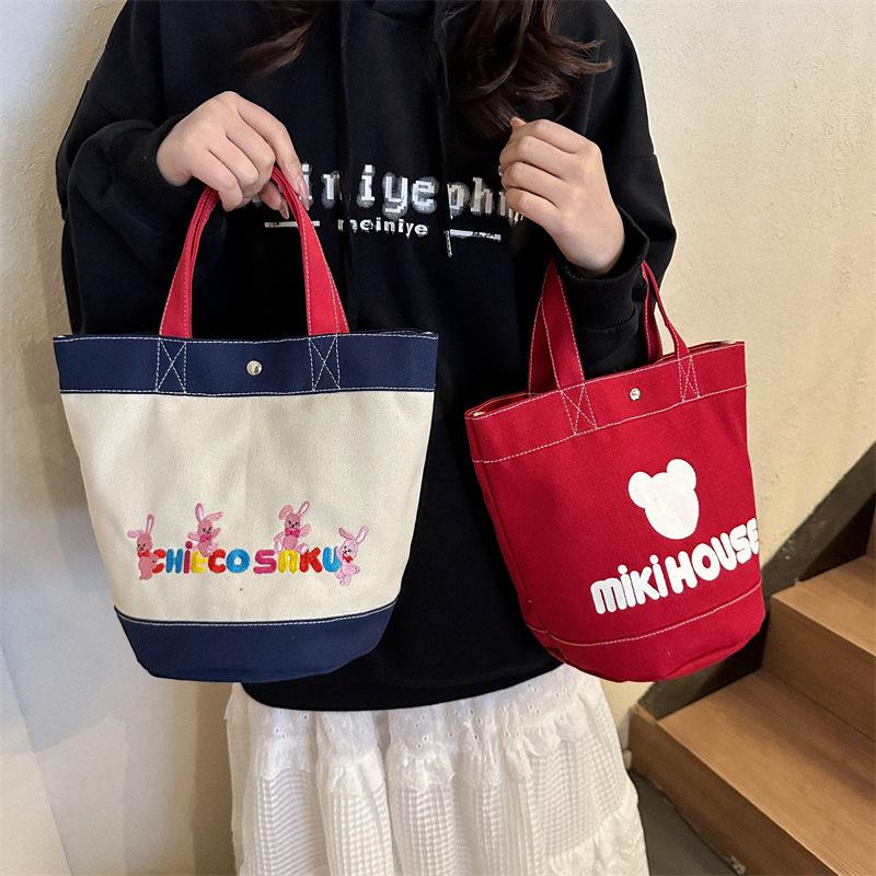 Japansk stil tecknat tryck i kanvas - Stor lunchväska