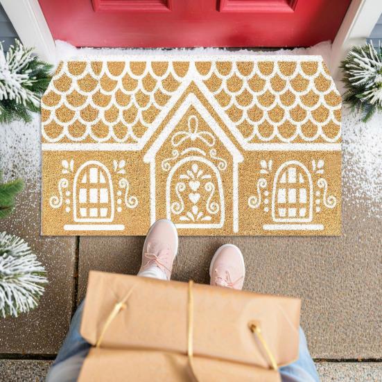 Christmas Entrance Rug Gingerbread House Floor Mat Dirt Scrubber Washable Vintage Holiday Doormat with Non-Slip Backing for Front Door Entryway Porch