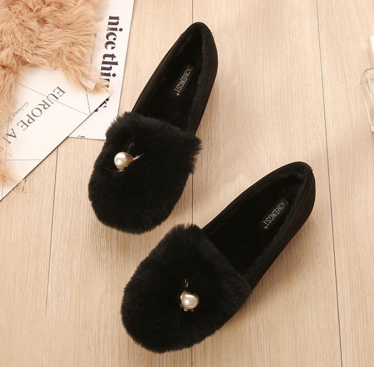 Fashion Big Size 34-43 Pom-Pom Rabbit Fur Shoes Women Owl Stone Moccasins Winter Plush Warm Boots Ladies Wool Flats Femme Cotton Loafers