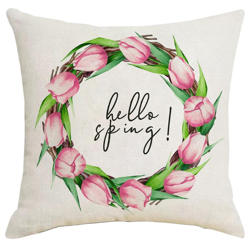 Pink Tulip Flowers Linen Print Pillowcase Spring and Summer Plant Flowers Sofa Pillow Bedside Pillowcase