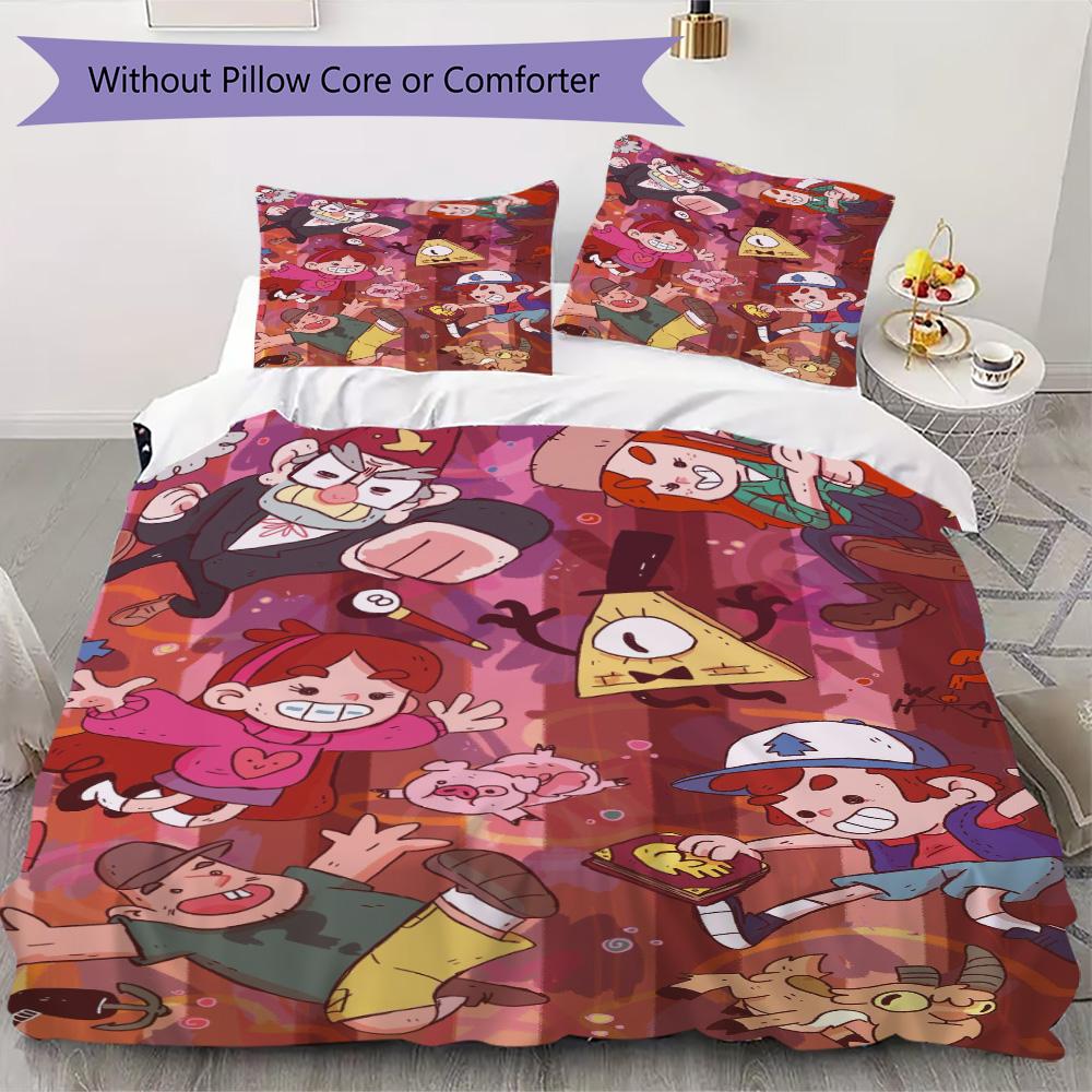 Ropa de cama con estampado de dibujos animados de Gravity Falls, Juego de colcha, Funda de colcha, Funda de almohada, Regalo de cumpleaños para el hogar (1*funda de edredón+2*fundas de almohada,sin relleno)XSJT0917563