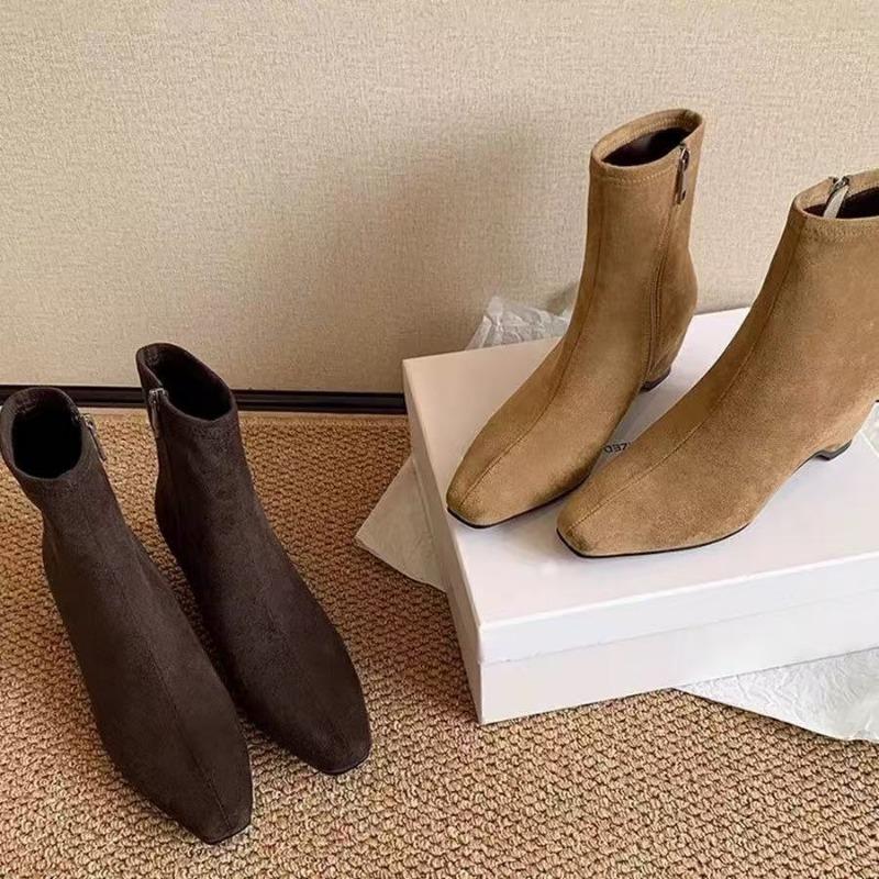 Women's Square Head Short Boots Winter Faux Suede Trendy Slim Fit Chunky Heel  Ankle Boots Versatile Women Fashion Designer Shoe
