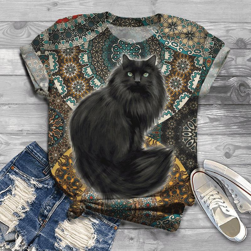 Women's 3D Cat Pattern Fresh Printed T-shirt 3D Printed Short Sleeved T-shirt