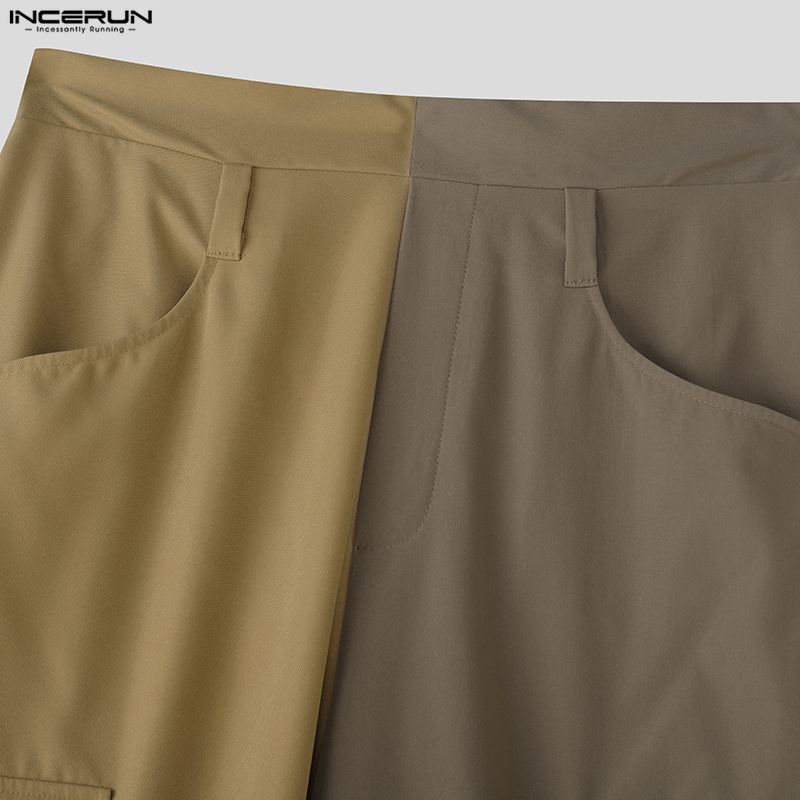 INCERUN Men Zip-up High Waist Stitching Bandage Casual Long Flare Trousers Pants