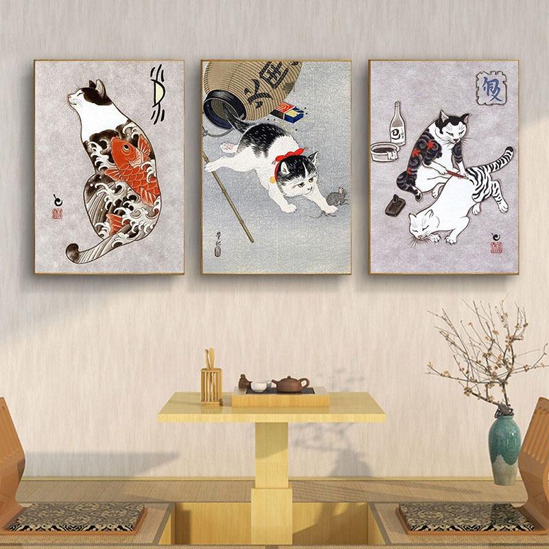 Retro Art Poster Japanese Style Funny Tattoo Pattern Cat Pictures Canvas Print Living Room Wall Art Corridor Home Decor Painting