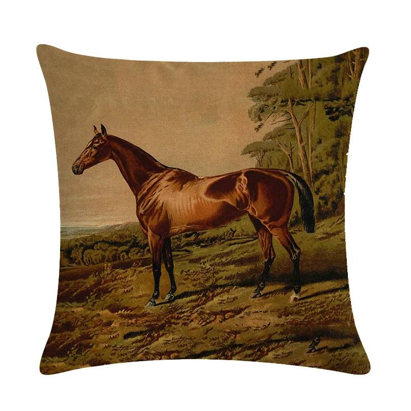 Retro Nostalgische Kunst Pferde-Druck Dekorative Kissenhülle Baumwolle Leinen Haus Auto Sofa Kissenbezug Heimdekoration 45X45cm