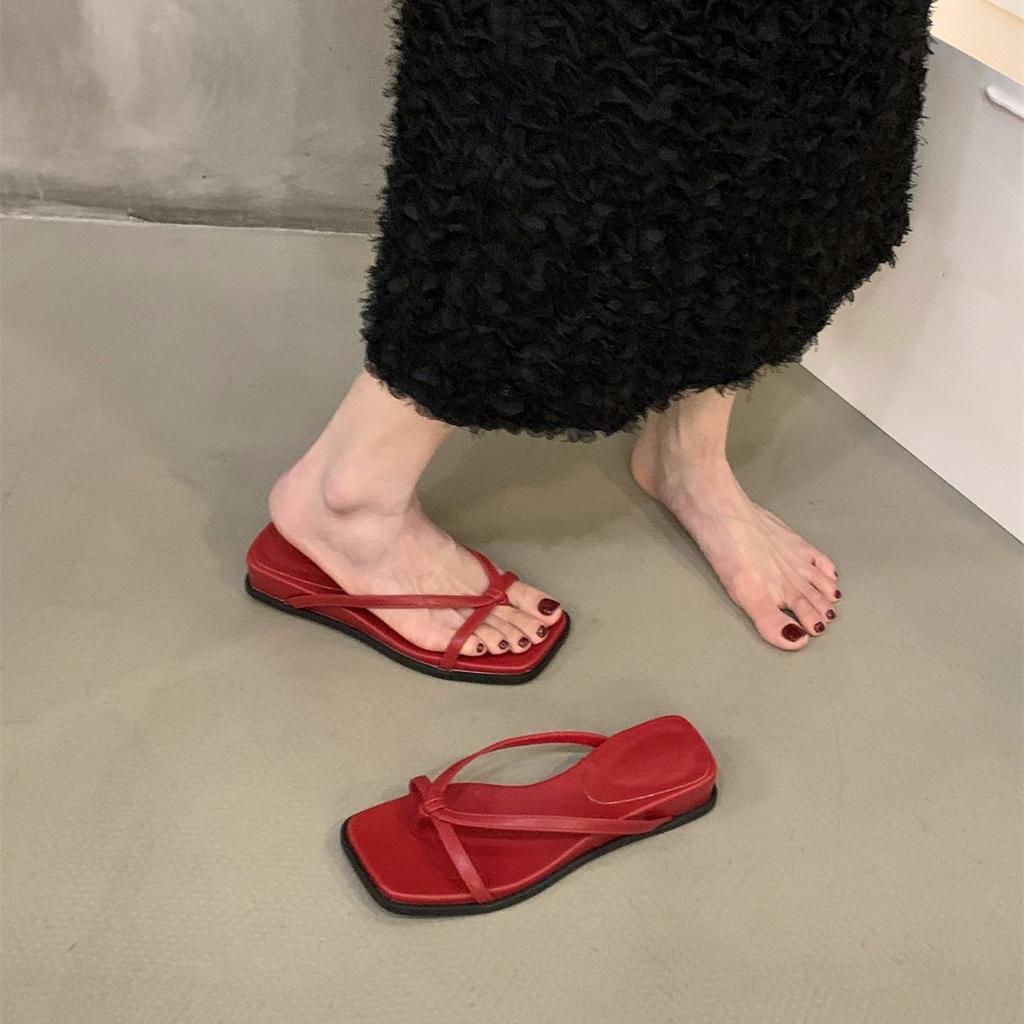 Wedge heel silver French small cool slippers women's shoes wear 2025 new summer red with skirt beach sandals