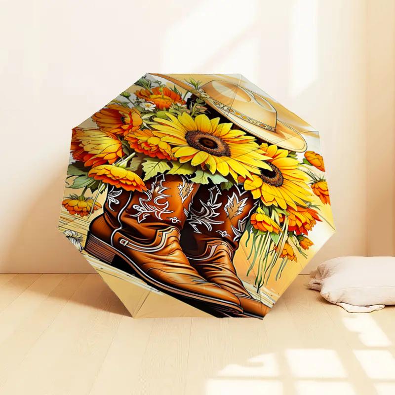 Cowboy Boots with Sunflowers Umbrella- Western Style Cowboy Hat and Boots for Men Women - Festival Gift Idea - Outdoor Rain Umbrella with Au