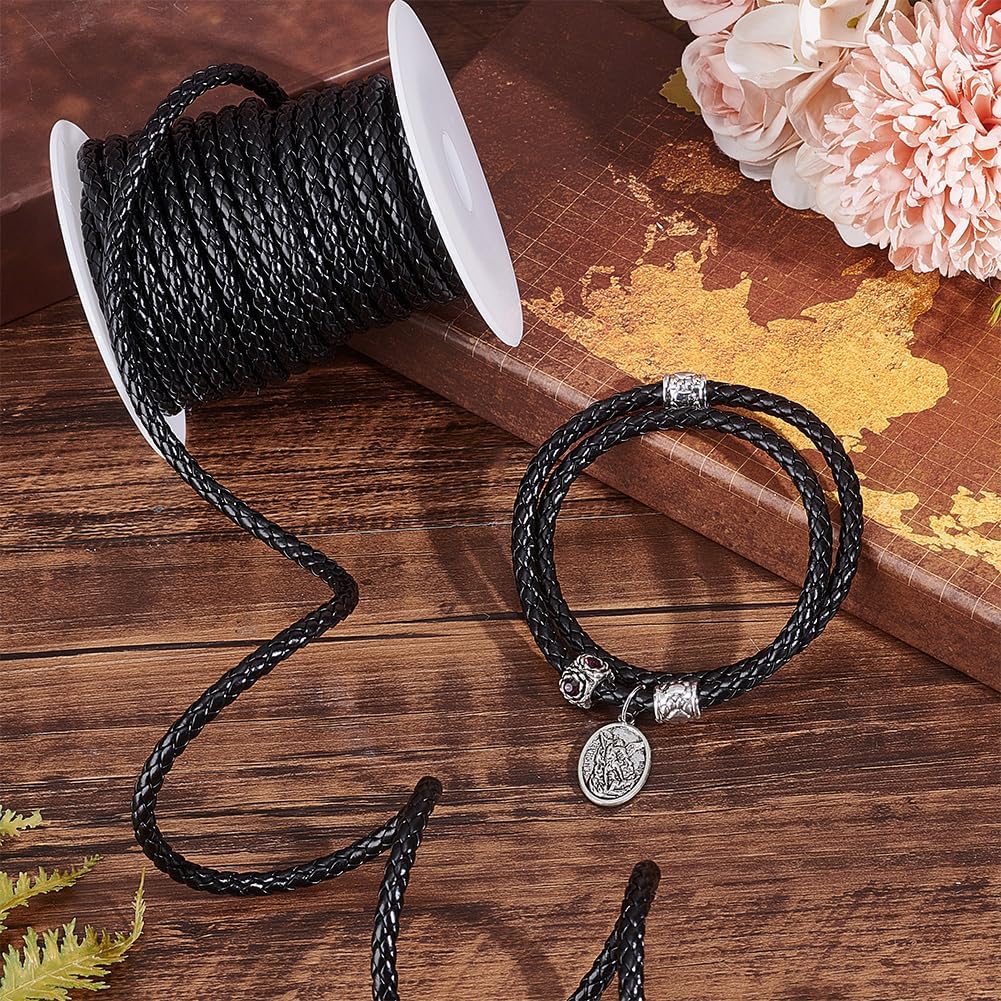 

PH PandaHall 10.9 Yards Braided Leather Cord 5mm Round PU Leather Strap Black Leather String Cord Bolo Leather Cord Imitation Leather Rope for