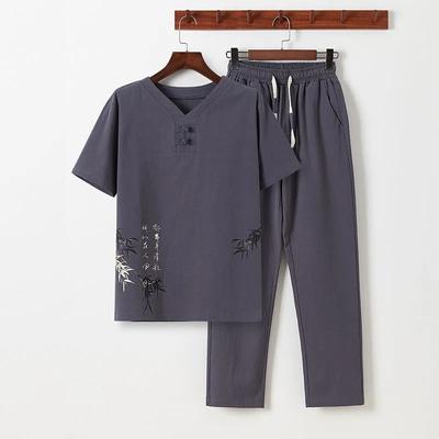 Men's Summer Chinese Style Cool and Comfortable Set of Short-sleeved T-shirt + Pants Two-piece Set