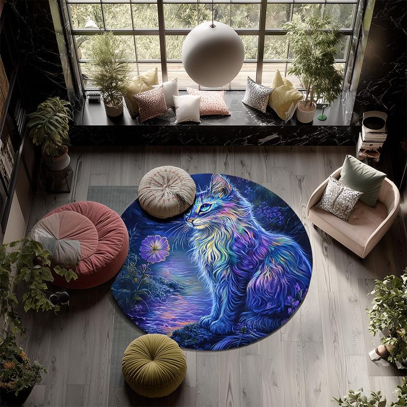 Night Cat Round Area Rug,Carpet Rug for Living Room Bedroom Sofa Playroom Decor,Non-slip Floor Mat