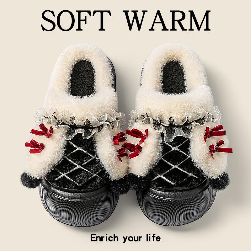 

Women s Cozy Lace Bow Non-Slip Plush Cotton Slippers for Indoor/Outdoor Use 36-37 (fits US 5-6)