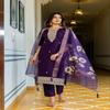 Royal Purple Silk Embroidered Suit Set with Floral Organza Dupatta