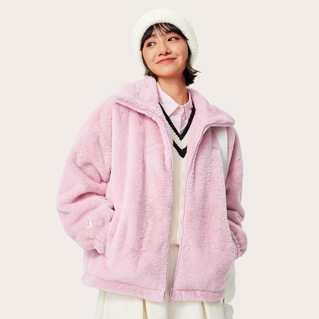 Li Ning Sports Lifestyle Series Faux Rabbit Fur Warm Plush Collar Windproof Casual Comfortable Versatile Fleece Jacket Women Jackets AFDUC96-4