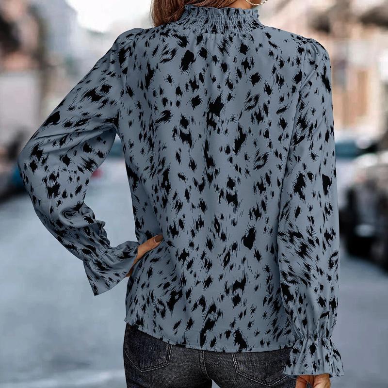 Print Tops Fashion Womens Clothes Temperament Elegant Shirts Hedging Long Sleeve Half-high Collar Blouse Loose Office Shirt