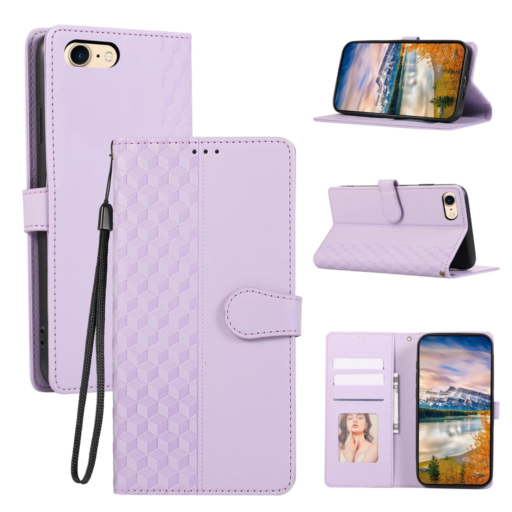 For iPhone 16e Case 3D Rhombus Grid Imprinted Wallet Leather Phone Cover with Lanyard