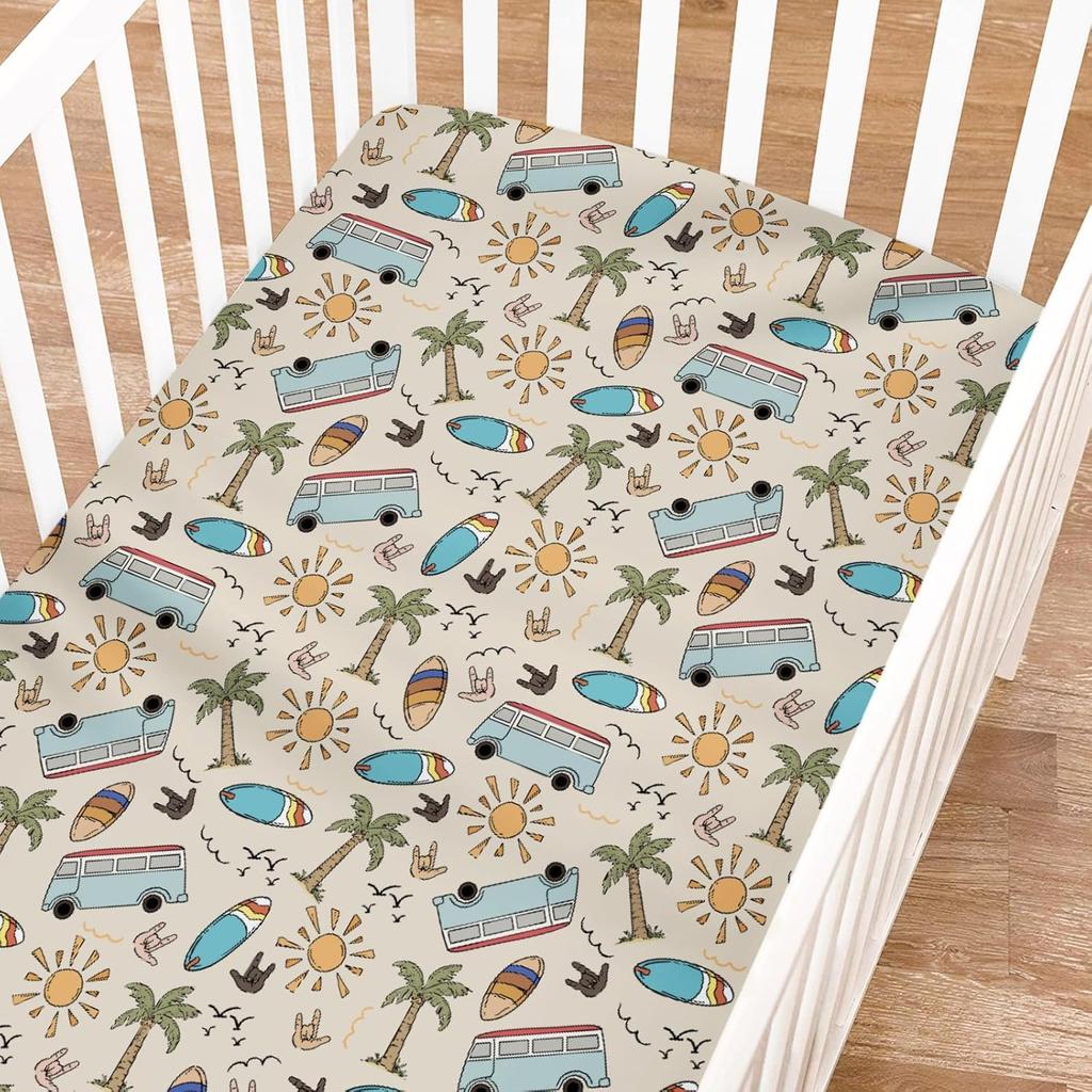 Vintage Surf Fitted Baby Crib Sheets Boy Girl 52"x28" Retro Surfboard Sun Palm Trees Bus Soft Crib Mattress Covers Hawaiian Tropical Beach Surfing