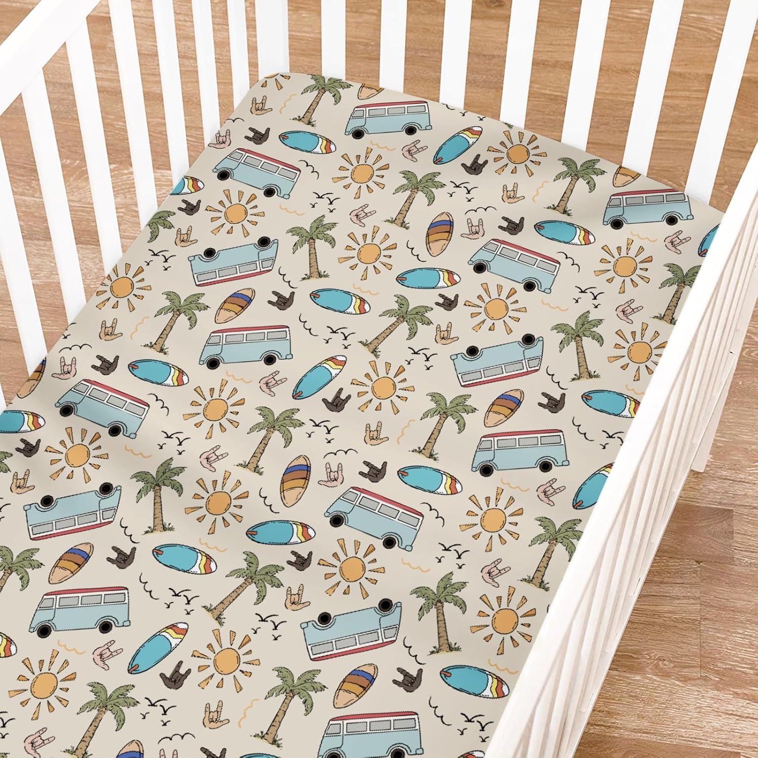 

Vintage Surf Fitted Baby Crib Sheets Boy Girl 52 x28 Retro Surfboard Sun Palm Trees Bus Soft Crib Mattress Covers Hawaiian Tropical Beach Surfing
