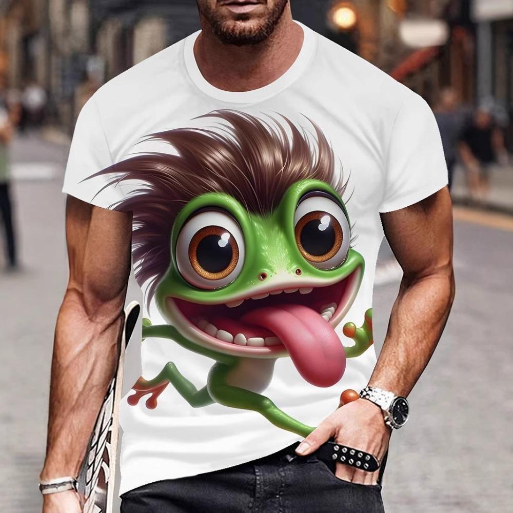 Herr T-shirt med 3D-tryck, kortärmad, rundhalsad, tröja, avslappnad topp