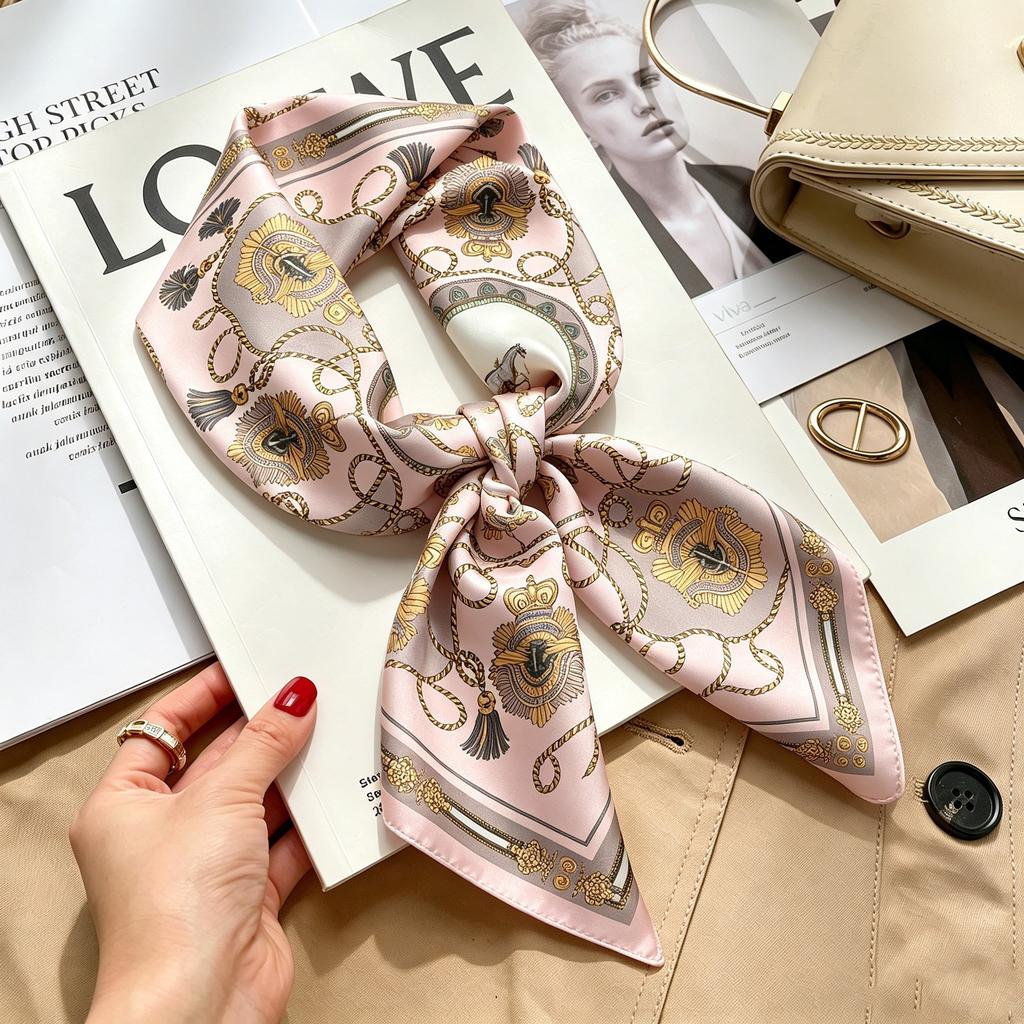 Commuter elegant flower silk scarf women's contrasting color retro printing satin scarf shirt with multi-purpose decorative small scarf