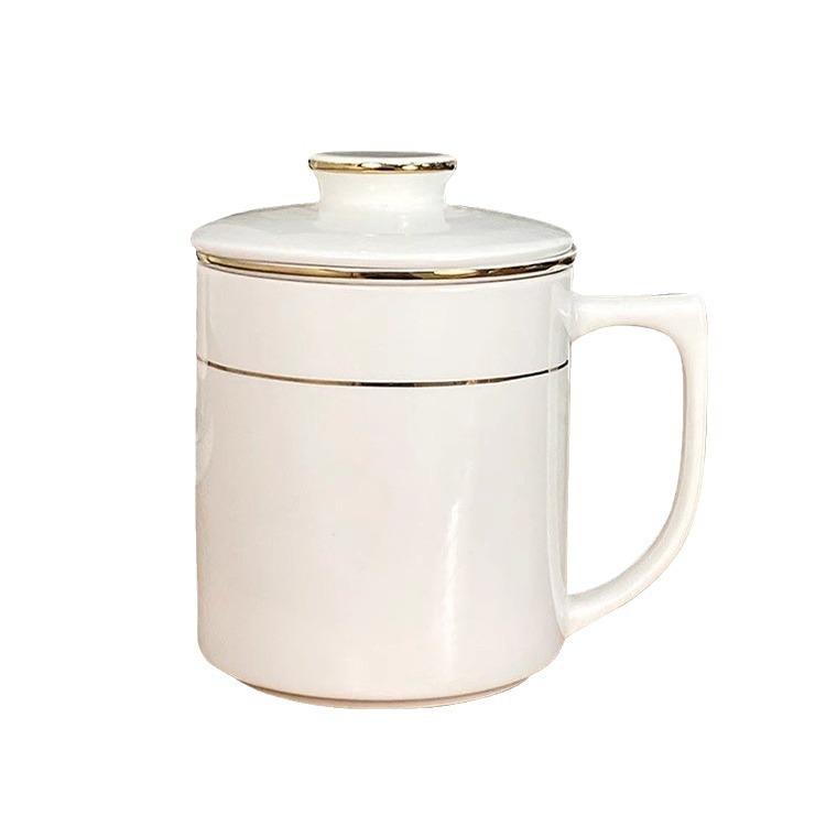 Gold Rim Ceramic Tea Strainer Cup with Lid and Mesh Filter
