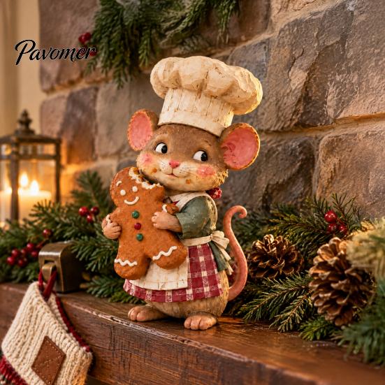 Gingerbread Baker Statue Mouse Figurine, Whimsical Hand-painted Mice with Cookie, 6.7'' Cottagecore Cute Chef Ornament Xmas for Mantel Tabletop