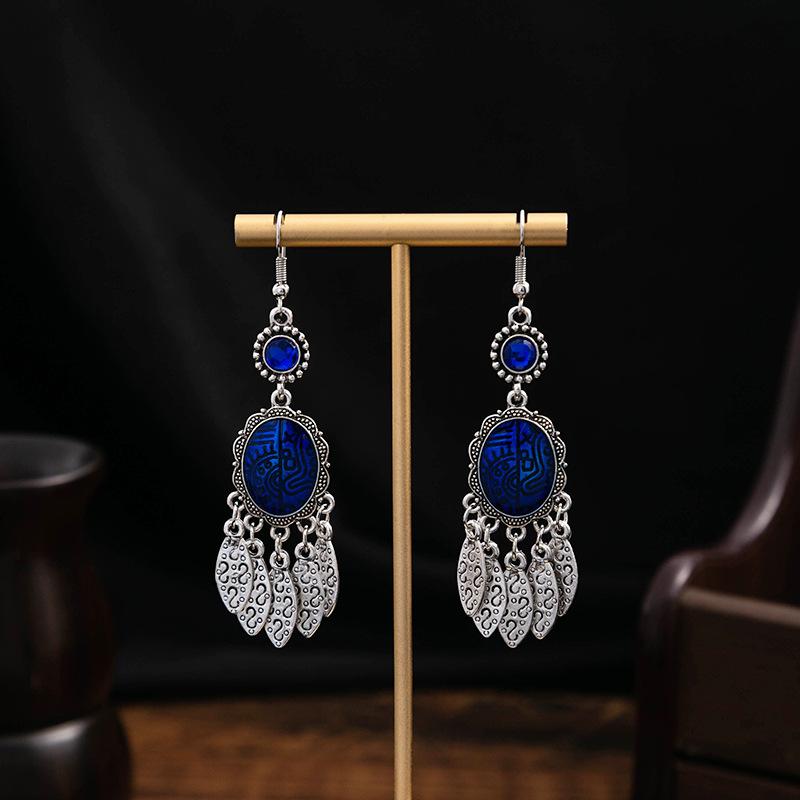 Turquoise Earrings, Vintage Owl Geometric Dream Catcher Feather Fringed Earrings Female
